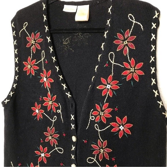 Bobbie Brooks Holiday Ugly Christmas Black Red Gold Poinsettia Vest Size Large - Picture 3 of 14